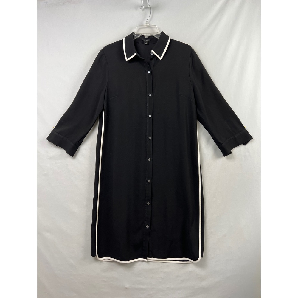 Ann Taylor Shirt Dress Womens Large Black White Contrast Piping Button Front 3/4